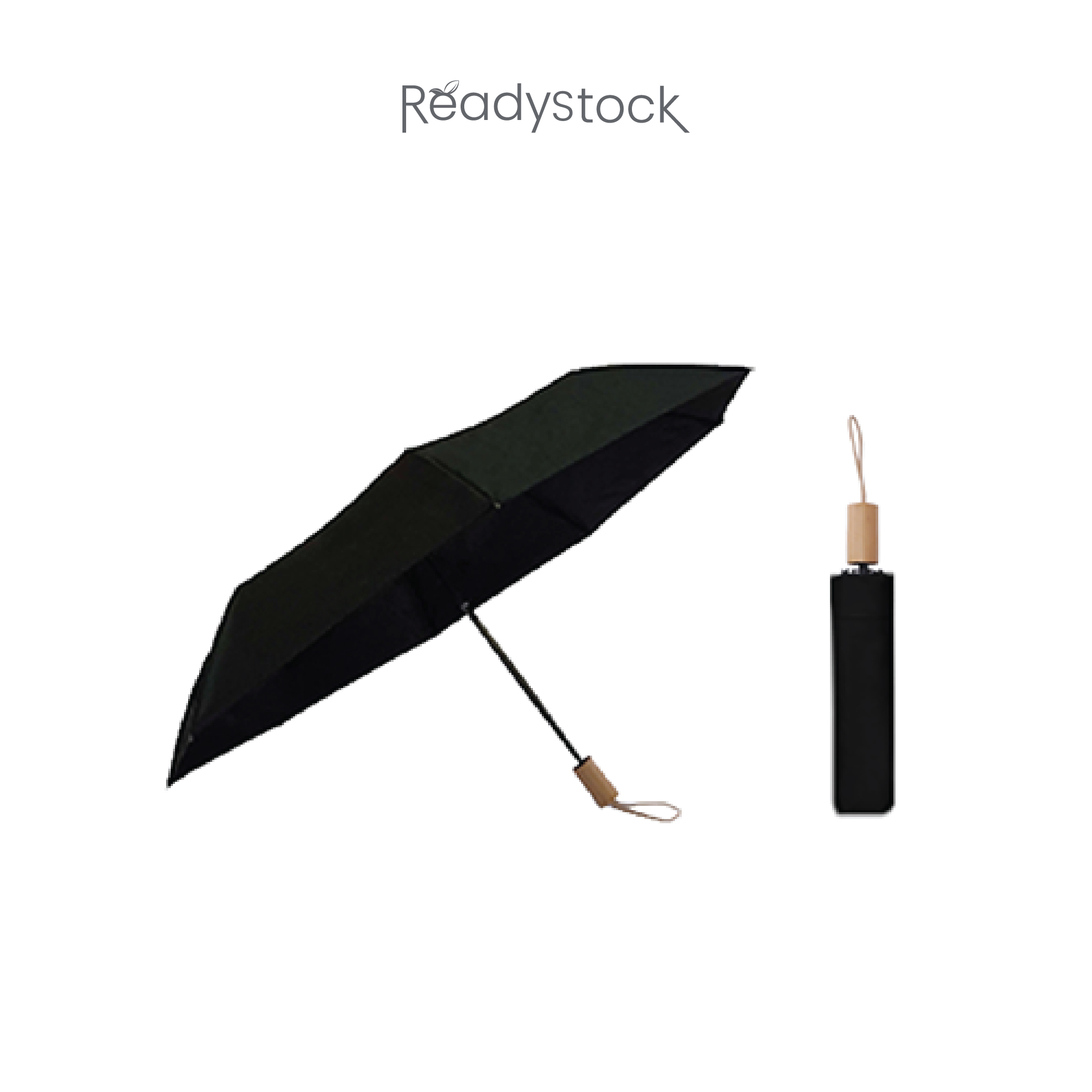 21” 3 Fold Black Coated Umbrella with Wooden Handle